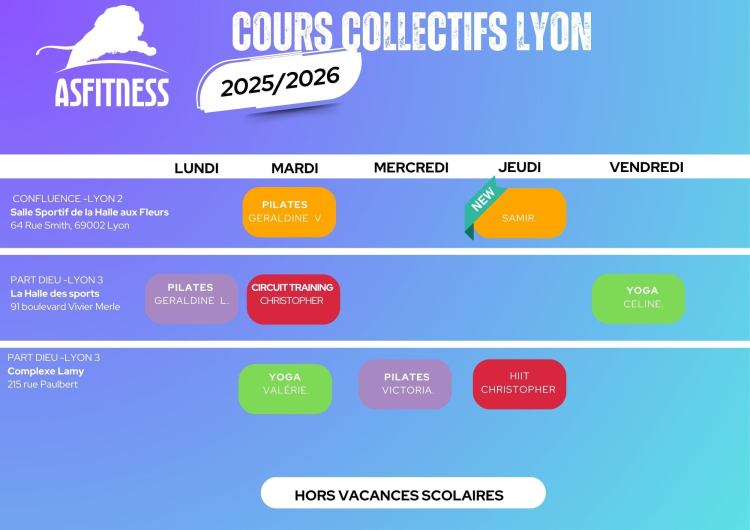 planning des cours de fitness yoga pilates asfitness Lyon 2 et Lyon 3